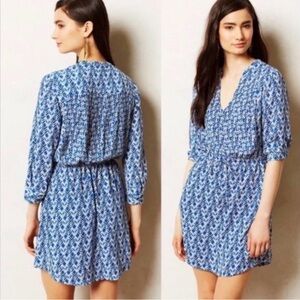 Maeve Anthropologie Blue Patterned V-Neck Women's Dress